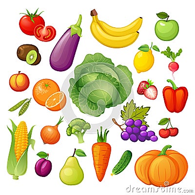 Fresh fruit and vegetables. Fruit and vegetable icon. Vegan food Vector Illustration